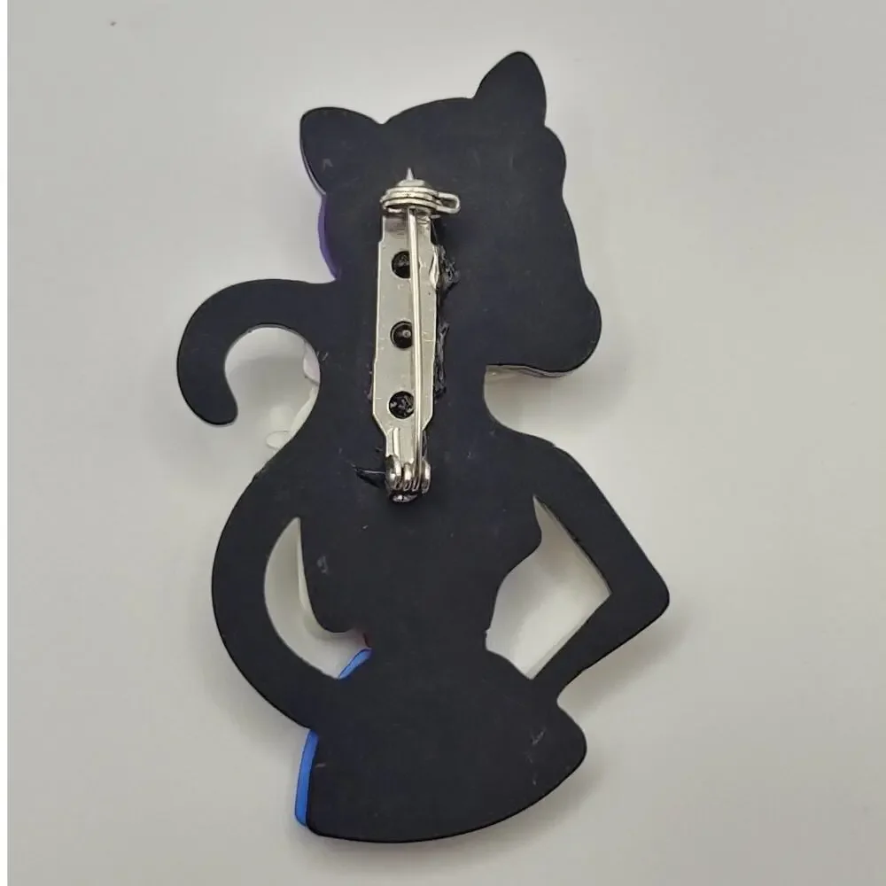 Woman with Cocktail in Cat Costume Acrylic Brooch Boho Halloween Fun
